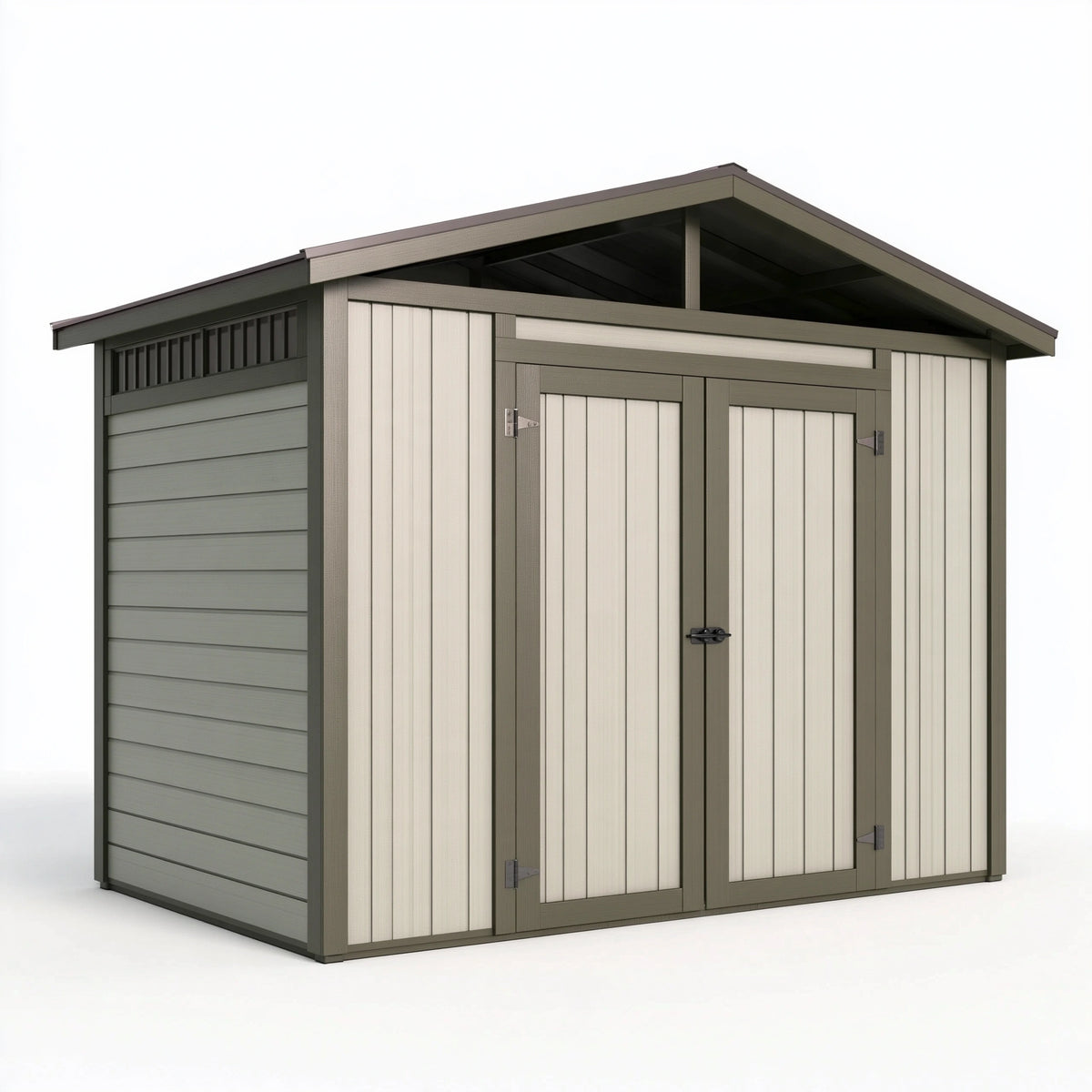 Abri de jardin 185 x 152 x 226 cm en résine gris beige - toit incliné et portes doubles