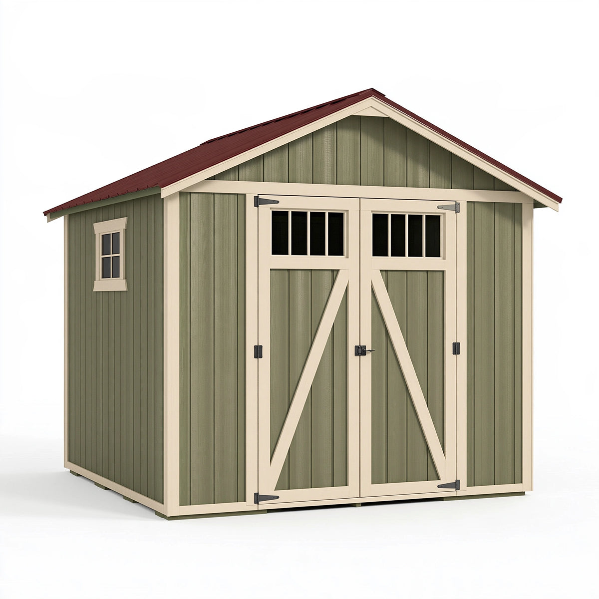 Abri de jardin 244 cm x 183 cm x 225 cm en bois vert sauge et beige avec double porte style chalet
