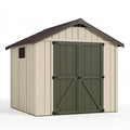 Abri de jardin 244 x 183 x 230 cm en résine beige et vert à double porte avec toit incliné