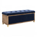Banc de rangement 120 x 45 x 50 cm en bois et velours bleu marine avec tiroir style contemporain