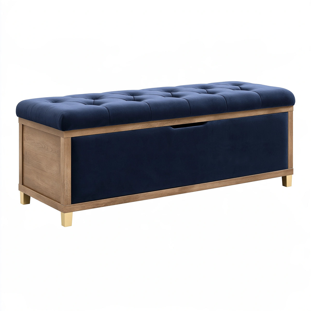 Banc de rangement 120 x 45 x 50 cm en bois et velours bleu marine avec tiroir style contemporain