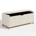 Banquette coffre 120 cm en tissu bouclette écru avec rangement style contemporain