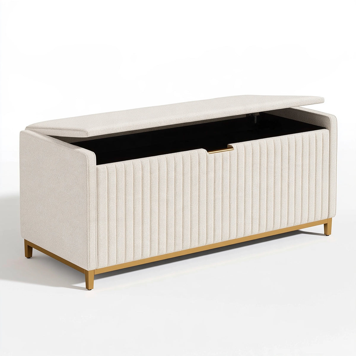 Banquette coffre 120 cm en tissu bouclette écru avec rangement style contemporain