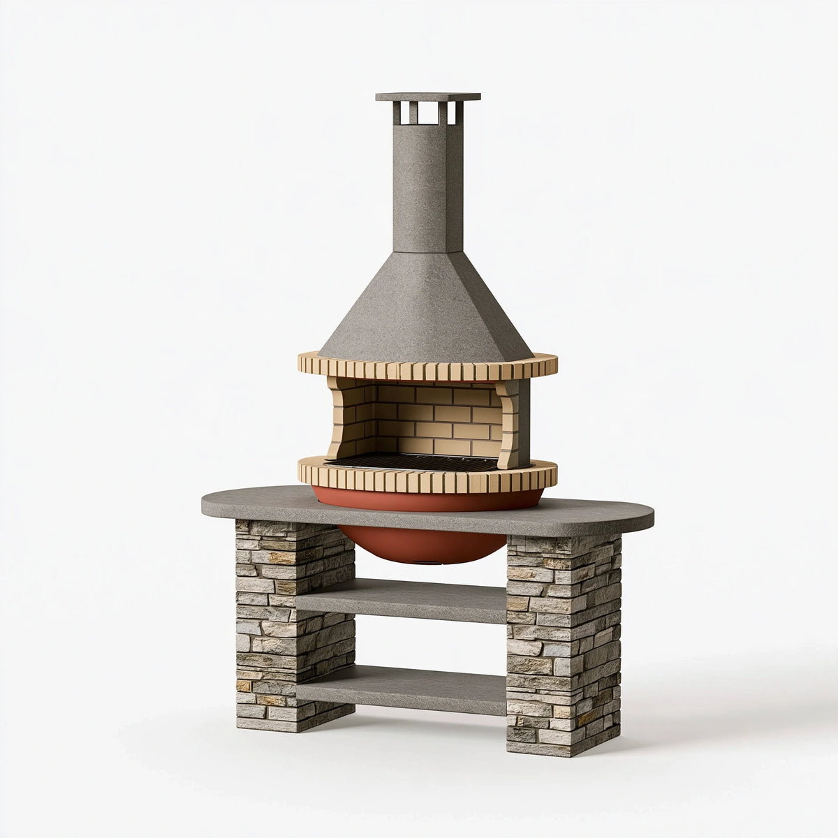 Barbecue de jardin 120 x 70 x 210 cm en pierre gris beige avec cheminée et grille