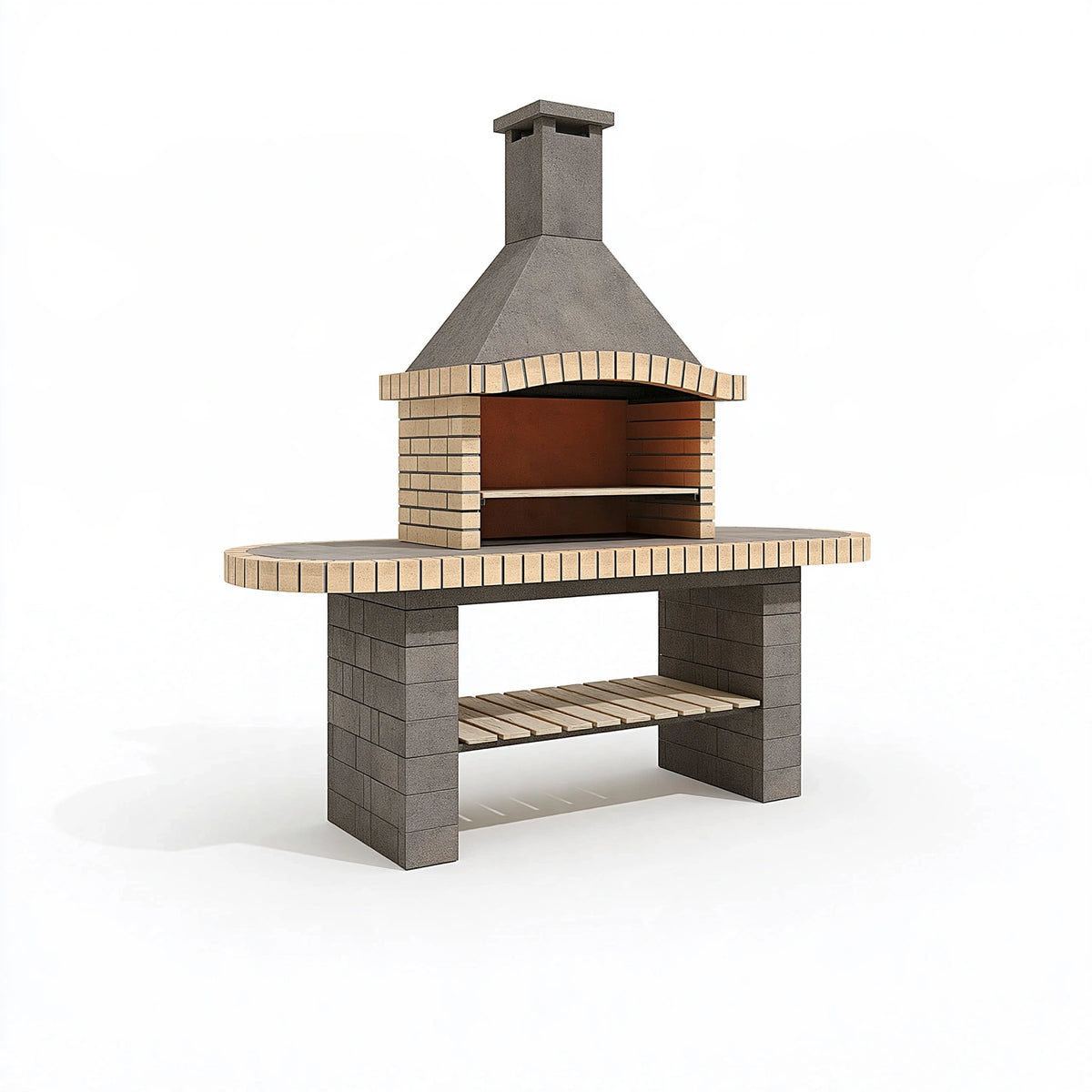 Barbecue de jardin 160 x 80 x 220 cm en béton gris et briques réfractaires avec cheminée