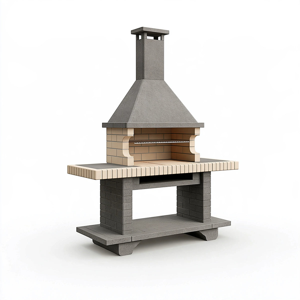 Barbecue de jardin 120 x 70 x 220 cm en béton gris et briques réfractaires style traditionnel