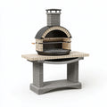 Barbecue extérieur 140 x 90 x 230 cm en brique grise et beige avec grilles en acier style traditionnel