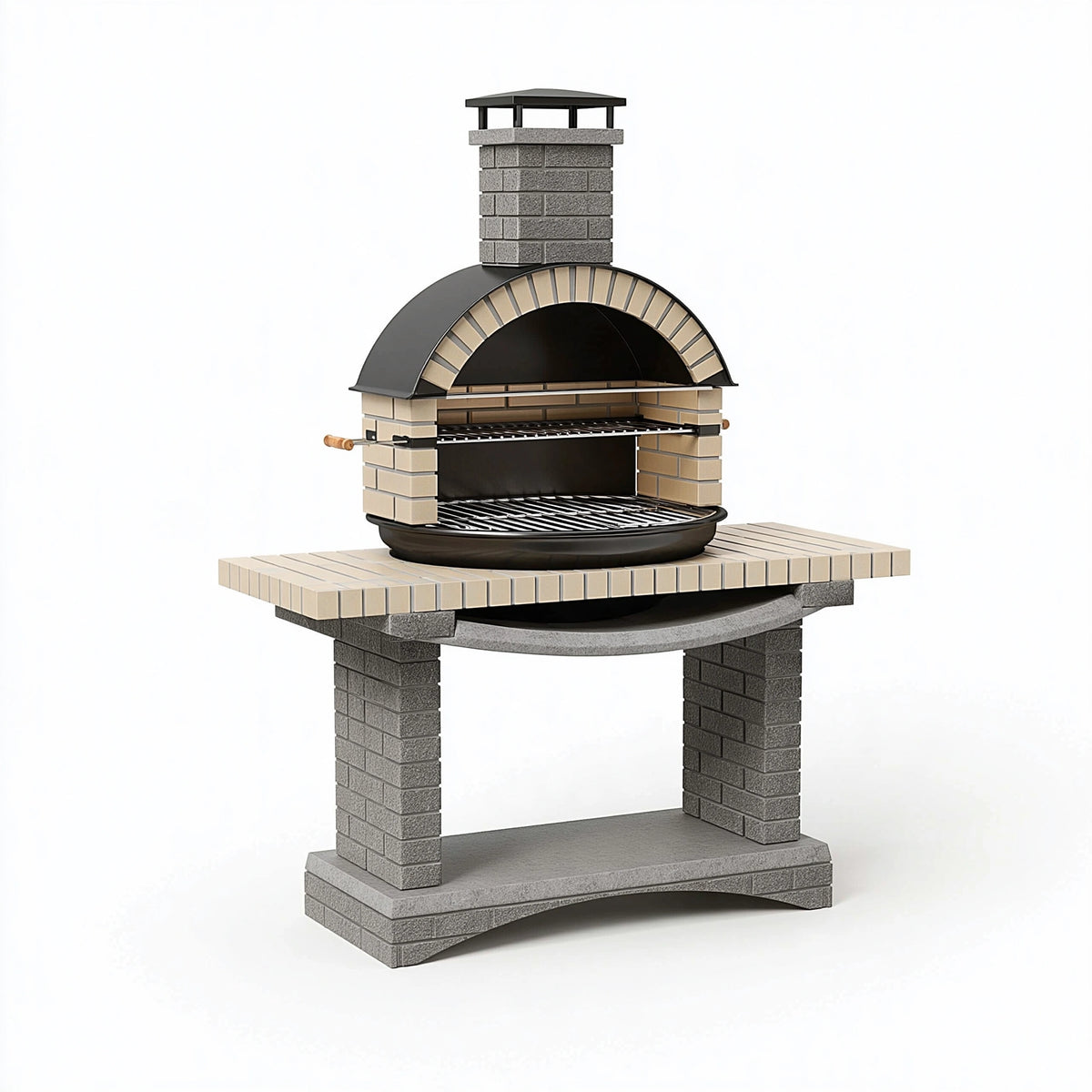Barbecue extérieur 140 x 90 x 230 cm en brique grise et beige avec grilles en acier style traditionnel
