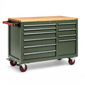 Servante d'atelier 110 x 46 x 96 cm en acier vert avec plateau en bois et roulettes