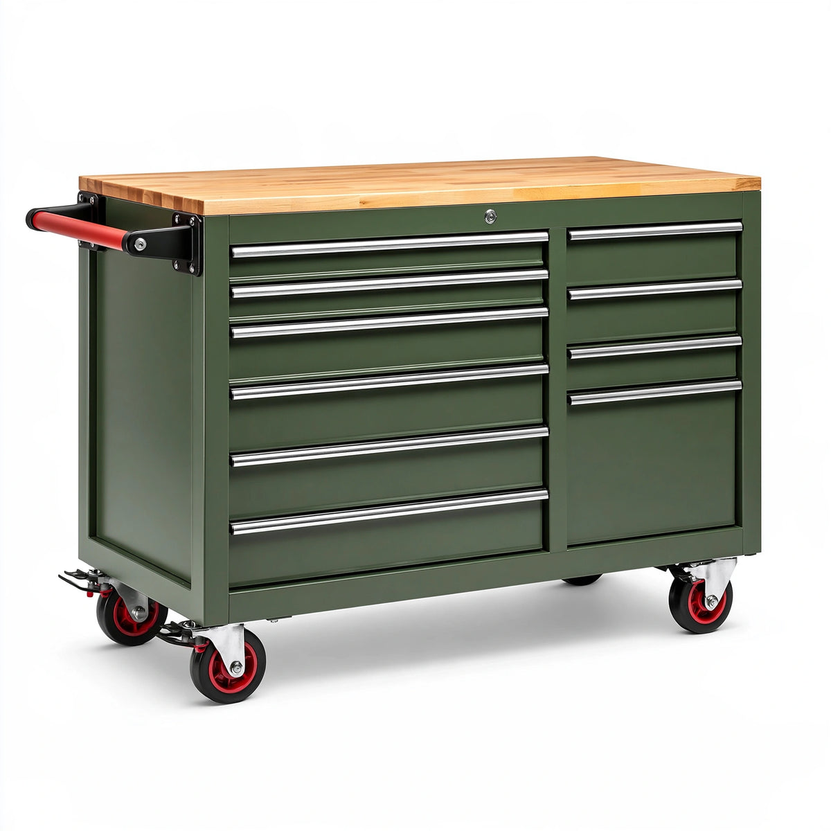 Servante d'atelier 110 x 46 x 96 cm en acier vert avec plateau en bois et roulettes