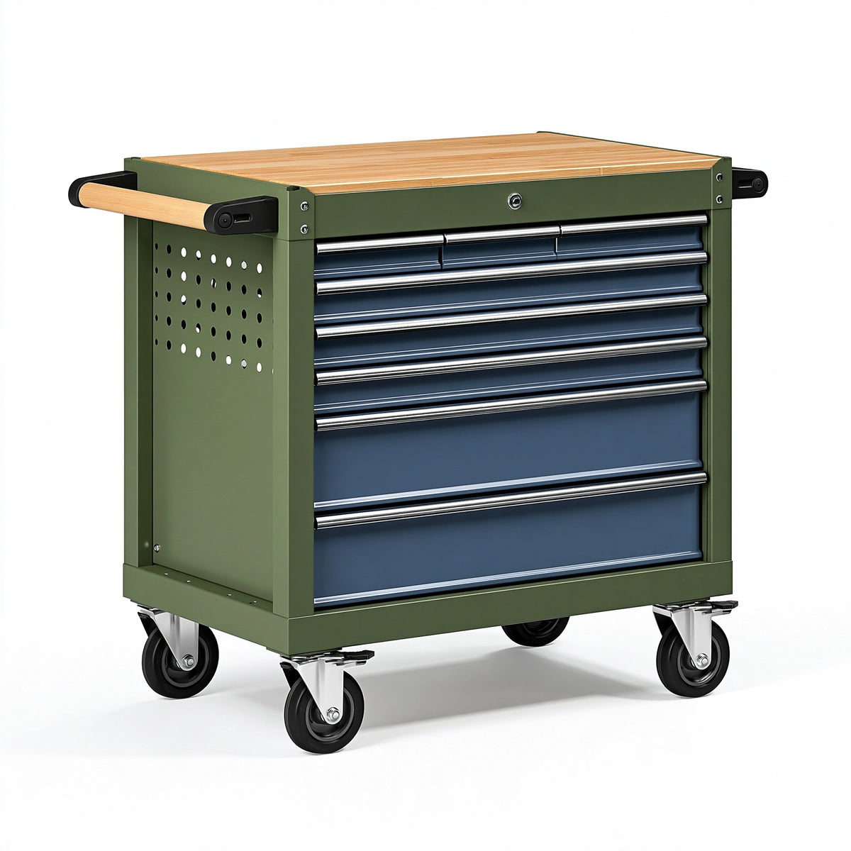 Desserte d'atelier 76 x 46 x 86 cm en acier vert avec plateau en bois - mobile à 5 tiroirs