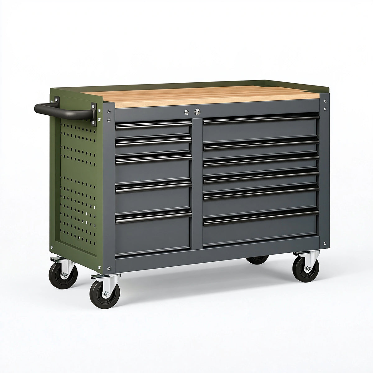 Servante d atelier 100 x 50 x 95 cm en acier anthracite vert avec plateau en bois et roulettes