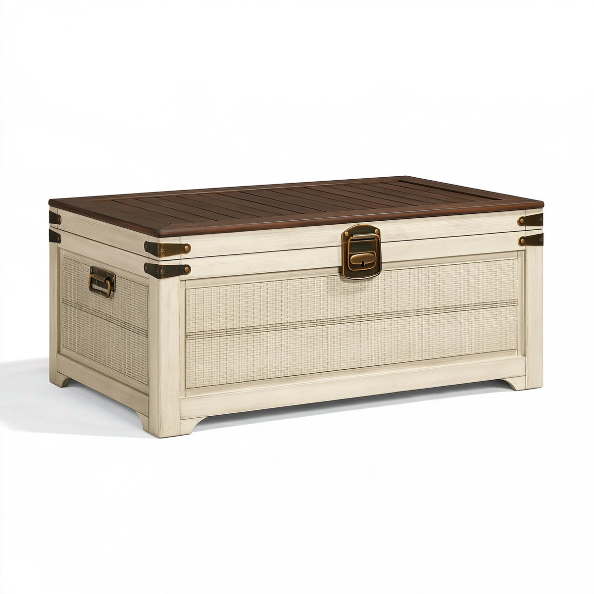 Coffre de rangement 100 x 50 x 50 cm en bois blanc et marron style vintage avec serrure