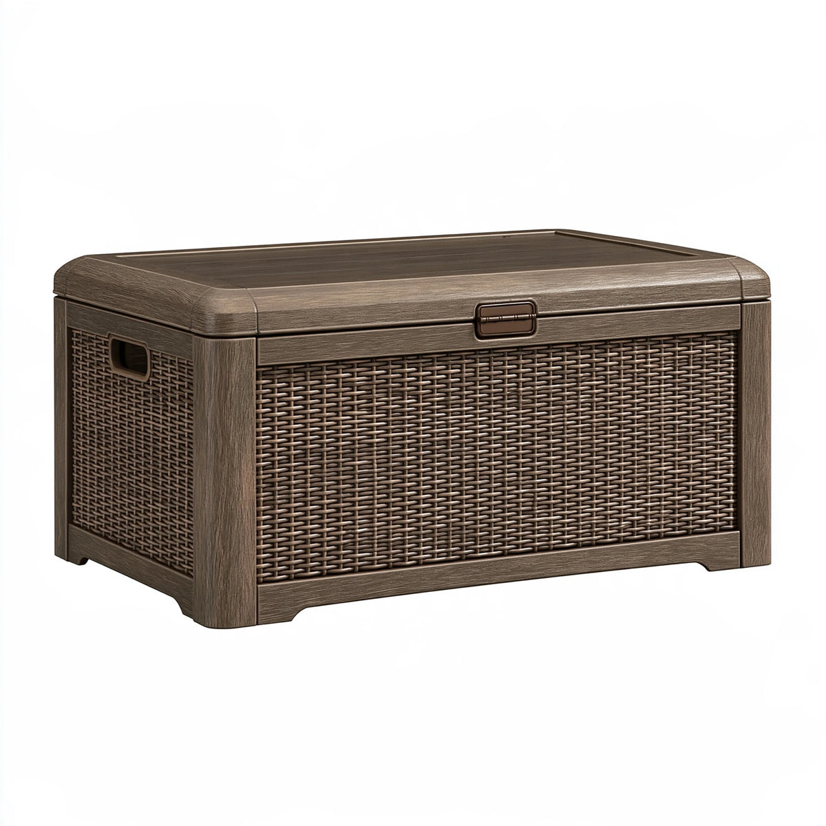 Coffre de rangement 120 x 60 x 63 cm en résine tressée marron pour jardin avec couvercle