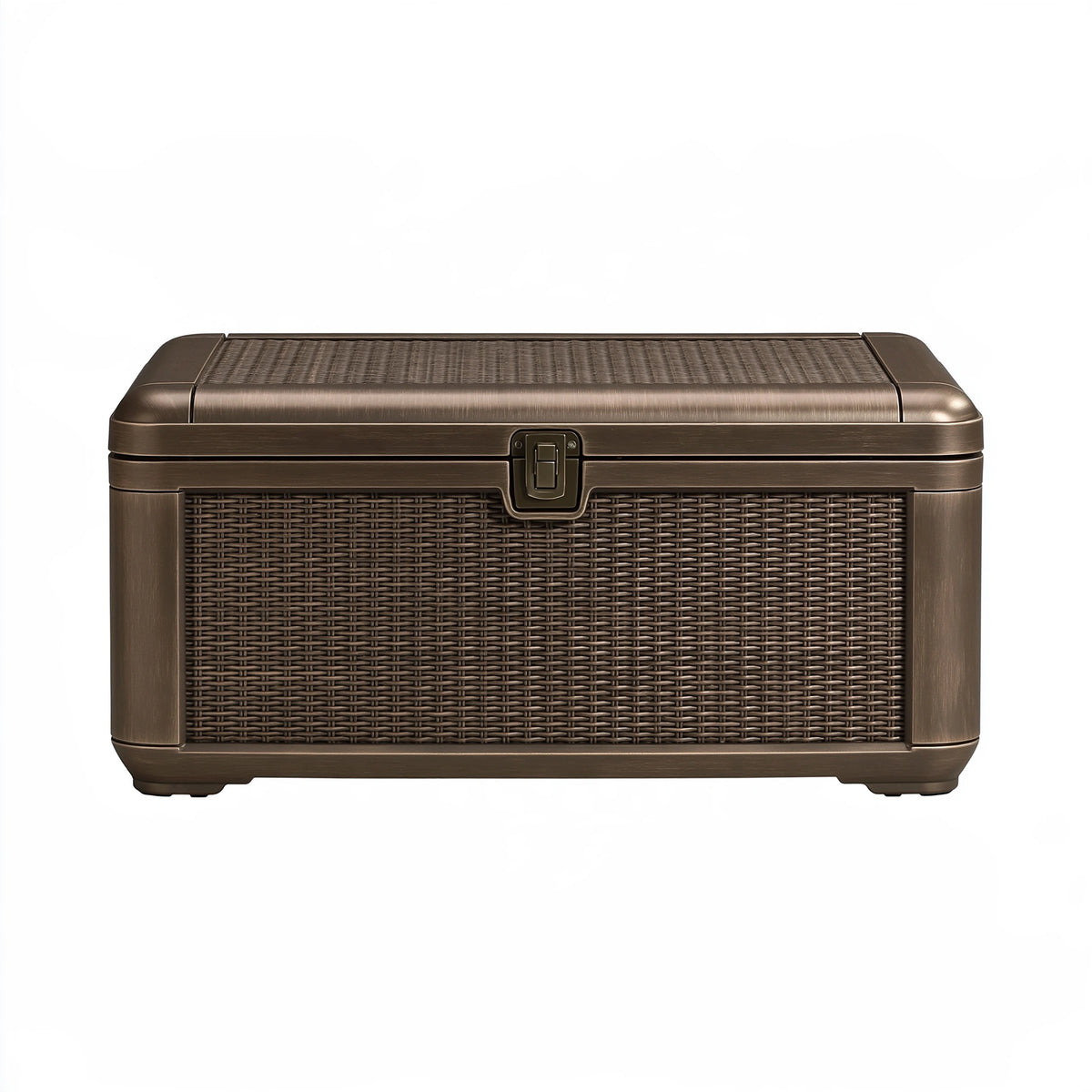 Coffre de rangement extérieur 120 x 60 x 65 cm en résine brun tressé avec couvercle