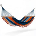 Hamac 300 x 150 cm en tissu bleu marine et orange avec barres en bois style bohème