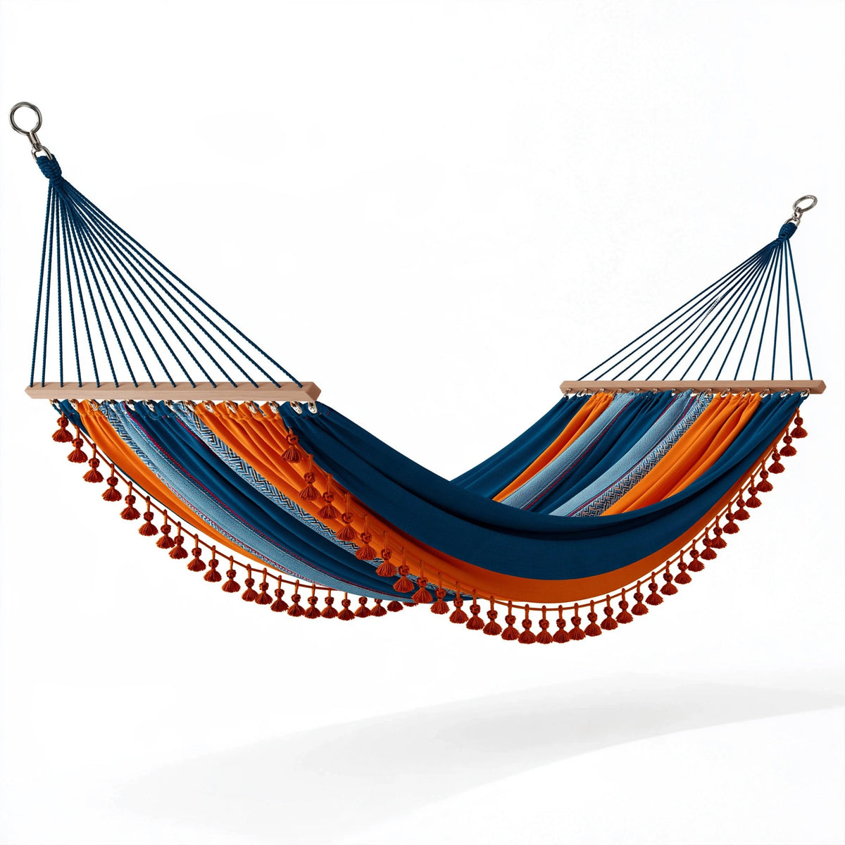 Hamac 300 x 150 cm en tissu bleu marine et orange avec barres en bois style bohème