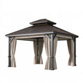 Tonnelle de jardin 300 x 300 cm en acier noir et beige avec rideaux toit ventilé