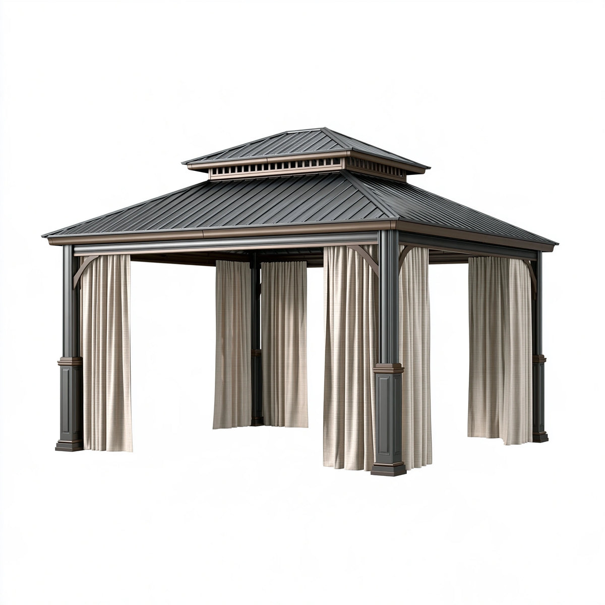 Tonnelle de jardin 300 x 300 x 300 cm en métal gris anthracite avec rideaux style pavillon