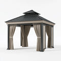 Pavillon de jardin 300 x 300 x 330 cm en métal noir et beige avec rideaux style classique