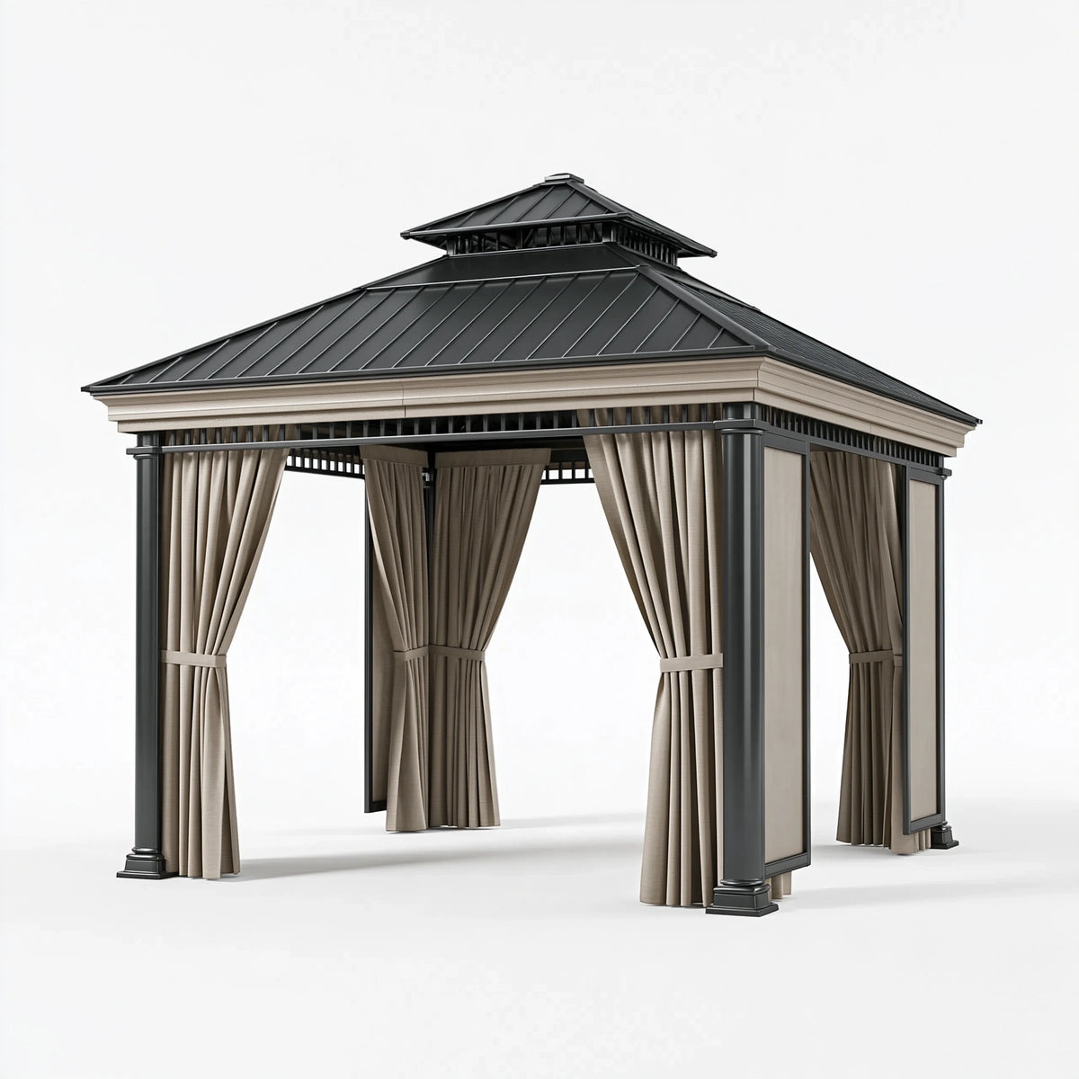 Pavillon de jardin 300 x 300 x 330 cm en métal noir et beige avec rideaux style classique