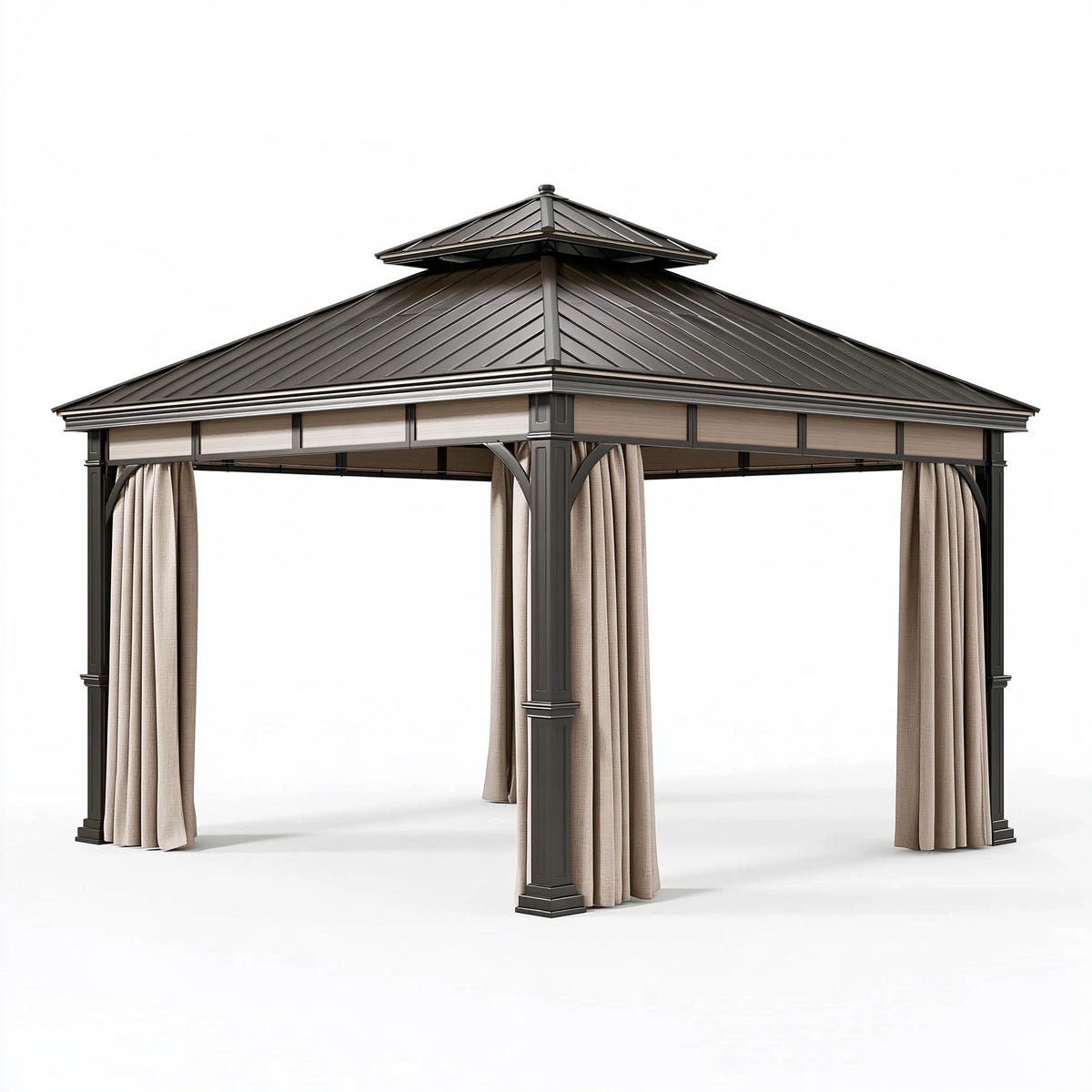 Gazebo de jardin 300 x 300 x 290 cm en métal noir avec rideaux style pavillon