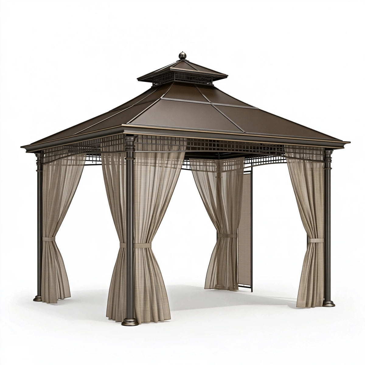 Tonnelle de jardin 300 x 300 cm en métal bronze avec rideaux - toit ventilé