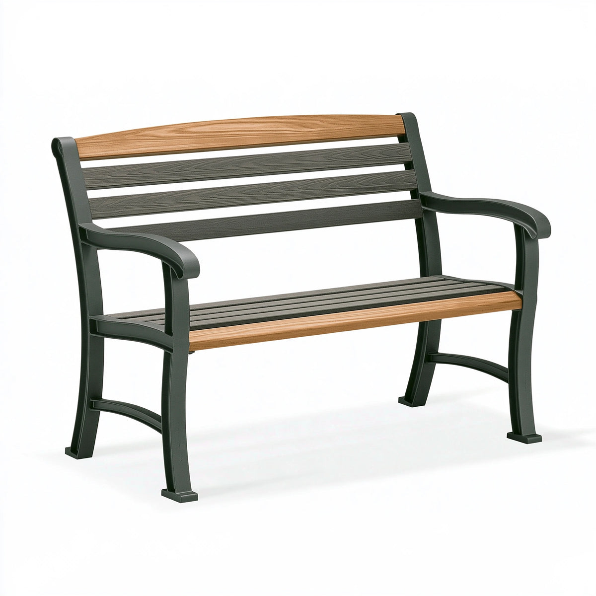 Banc de jardin 120 x 62 x 88 cm en métal et lattes effet bois noir/marron avec accoudoirs