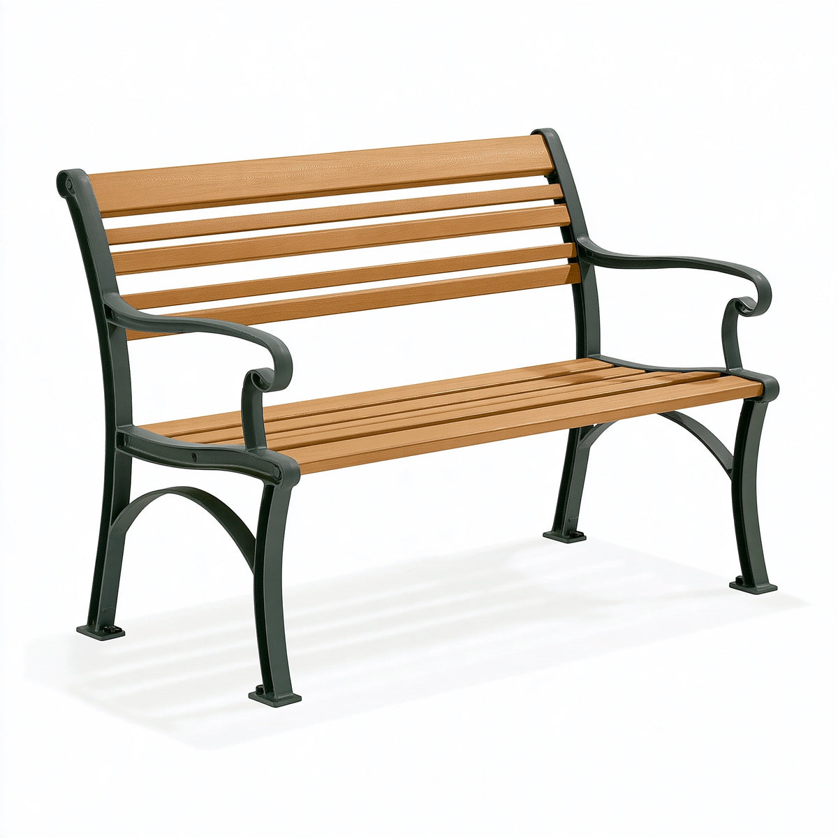Banc de jardin 150 x 60 x 85 cm lattes effet bois brun structure métal noir style classique avec accoudoirs
